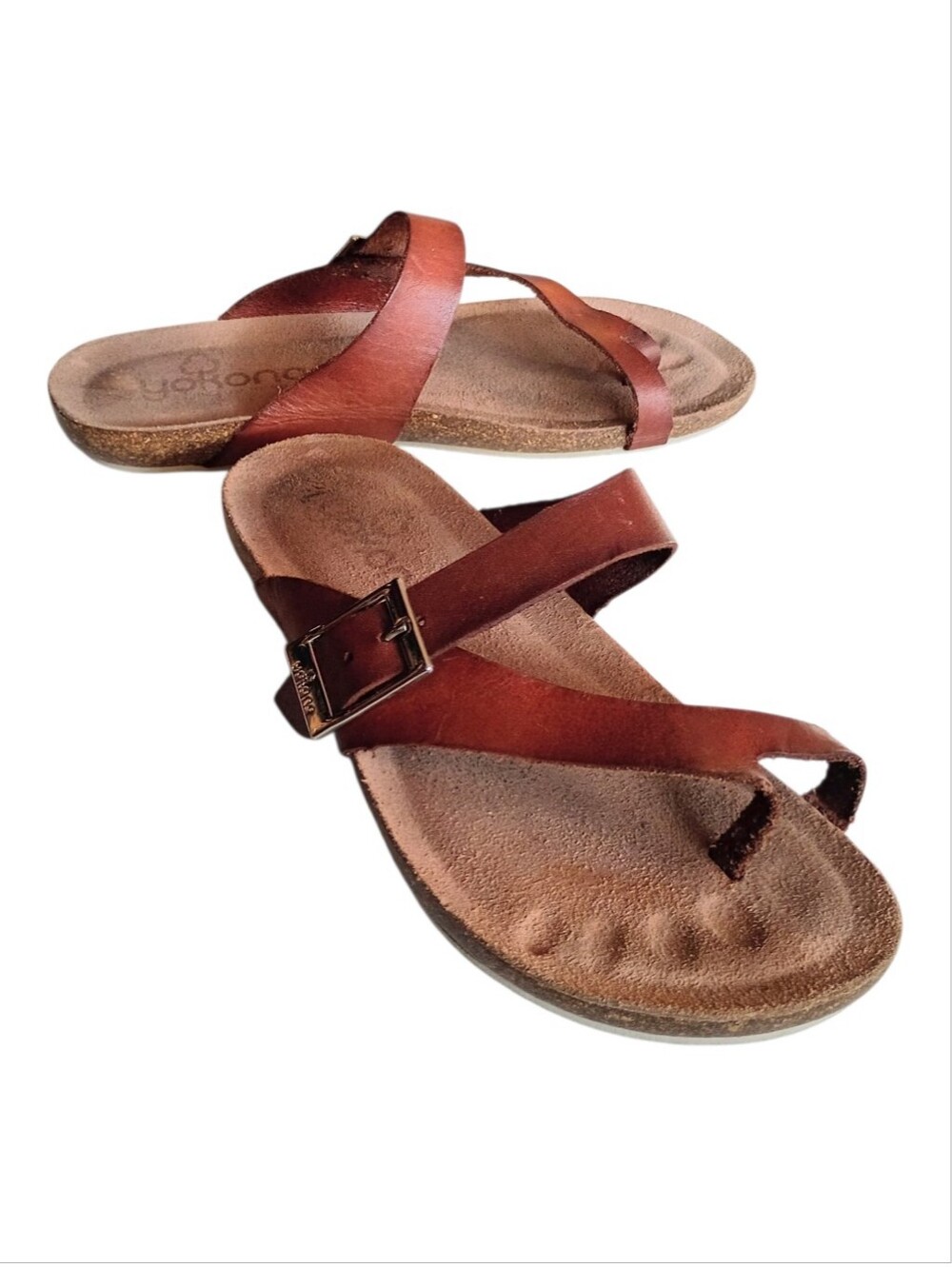 YOKONO Women's Sandals Brown Leather Silver Buckle Sz 7.5